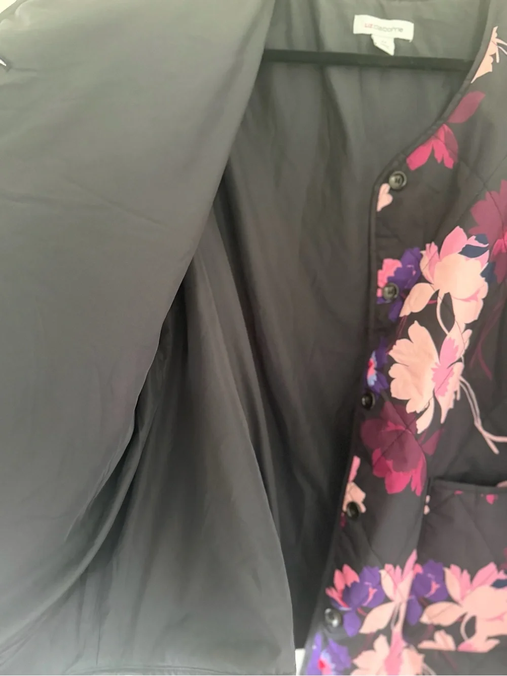Liz Claiborne Floral Quilted Jacket - Black with Pink & Purple Blooms Size-2XL